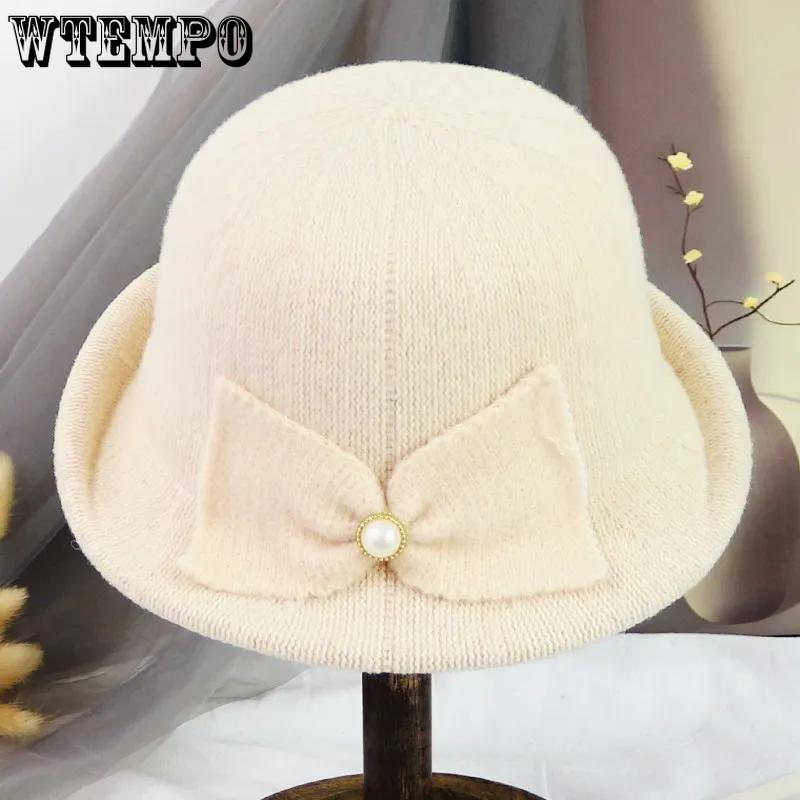 WTEMPO Cold-proof Windproof Warm Solid Color Pearl Bow Bucket Hats Women's Autumn Winter Casual Verstaile Retro Elegant Hats