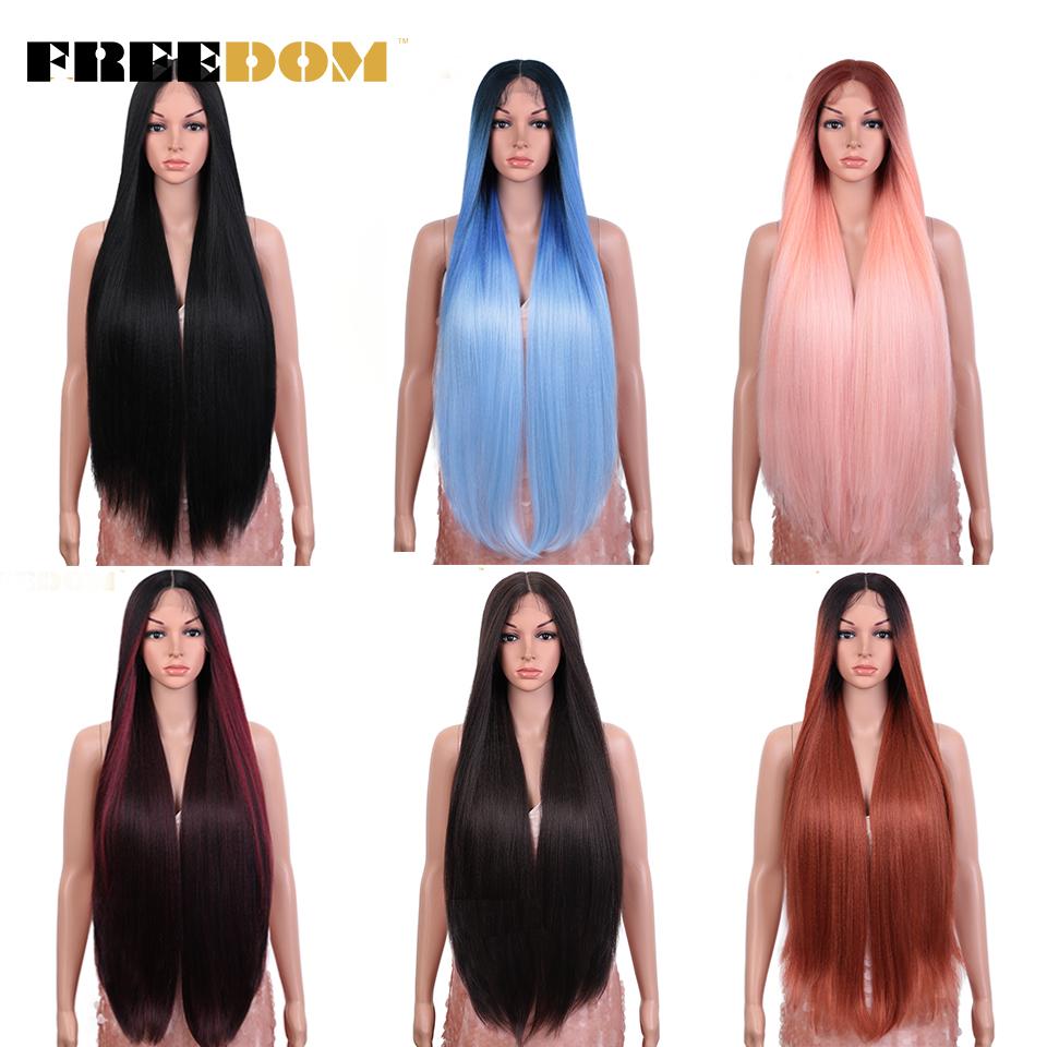 FREEDOM Yaki Straight Synthetische Spitzeperücken für Damen Ombre Braun Handgebundene Spitzeperücke 36 Zoll Mittelscheitel Lang Blau Rosa Cosplay-Perücke