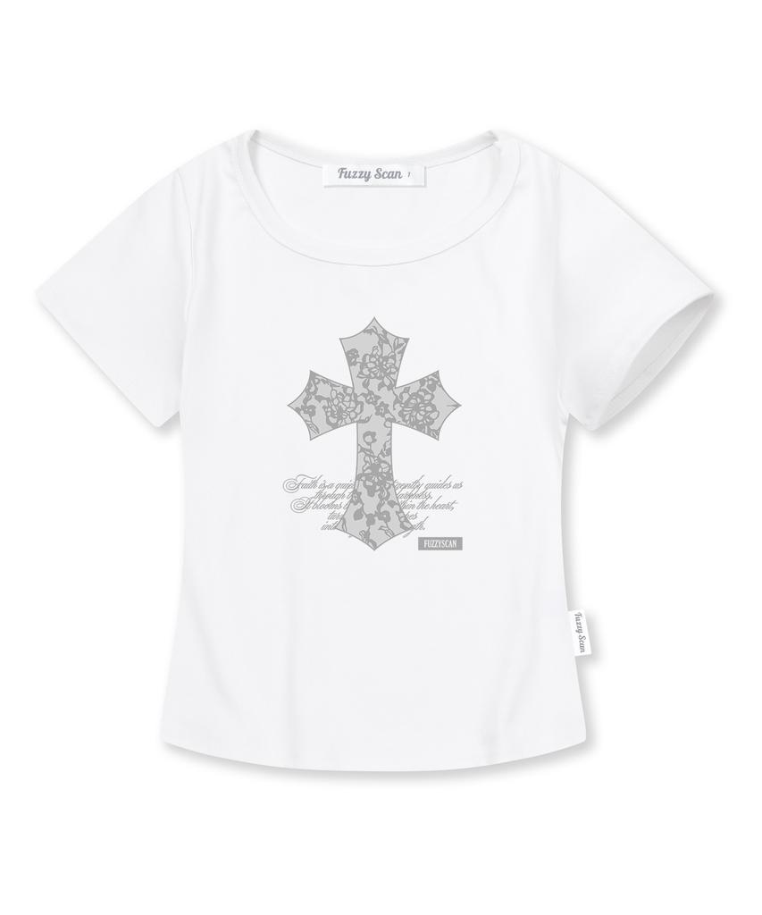 FUZZY SCAN Lace Overlap Slim Short Sleeve Tee White