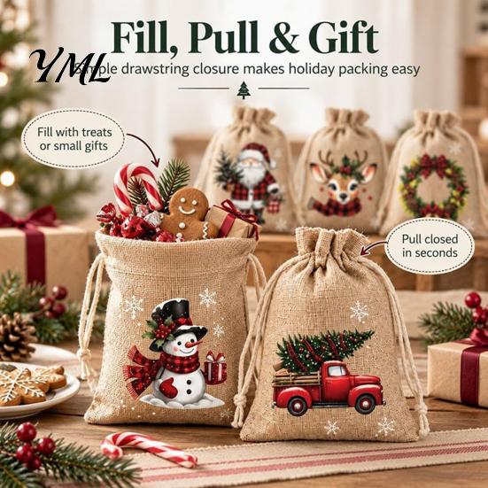 Christmas Craft Supplies Jute Burlap Gift Bags, Drawstring Treat Candy Mini Advent Calendar Bags Bag, Reusable Linen Packaging Pouch for Holiday Party