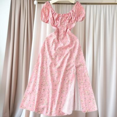 Vintage Romantisches Blumenkleid für Damen, Sommer-Puffärmel, Schlitzdesign, Einzigartiges und Exquisites Langes Kleid