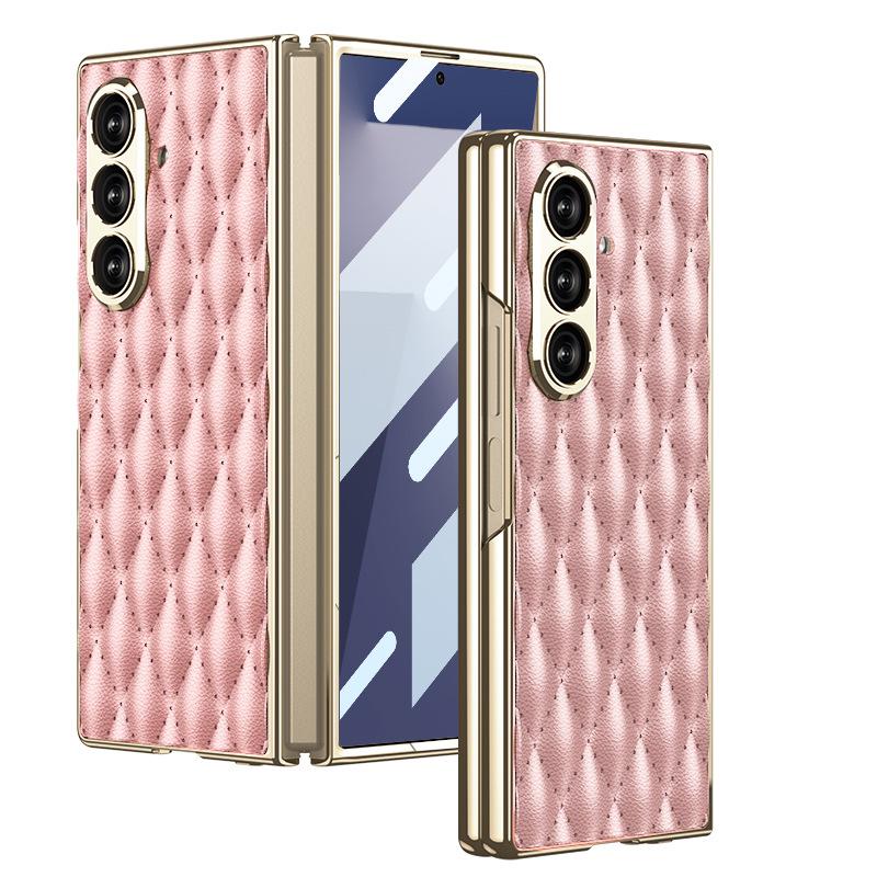 Samsung Zfold7 Mobile Phone Case Electroplated Plain Leather Shell Film Integrated Lambskin Diamond Pattern Protective Cover