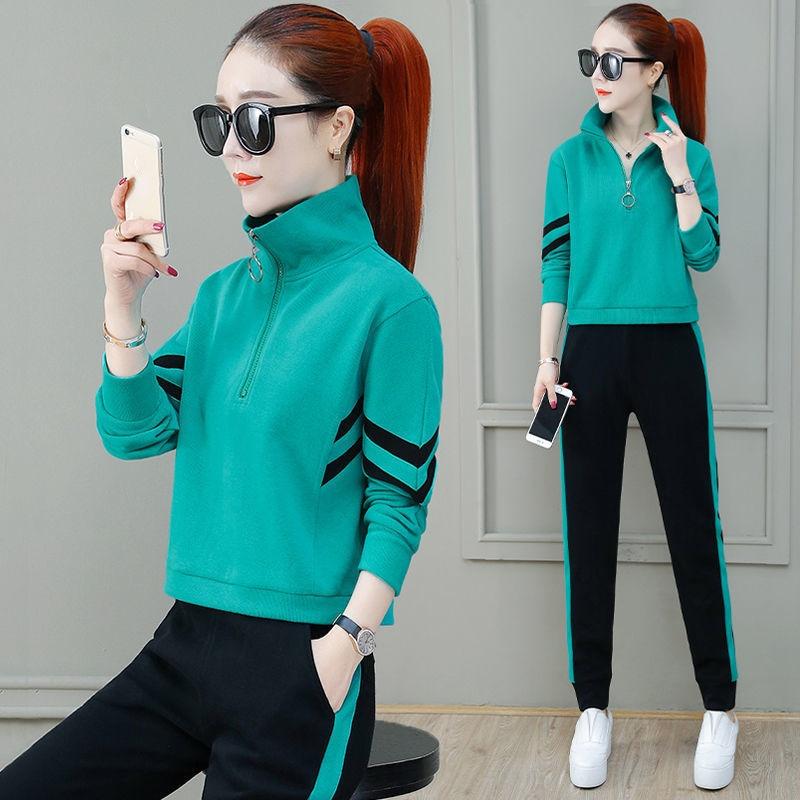 Spring and Autumn Plus Size Sportswear Women's Suit Was Thin and Long-sleeved Zipper Sweatershirt + Harlan Trousers 2-piece Suit