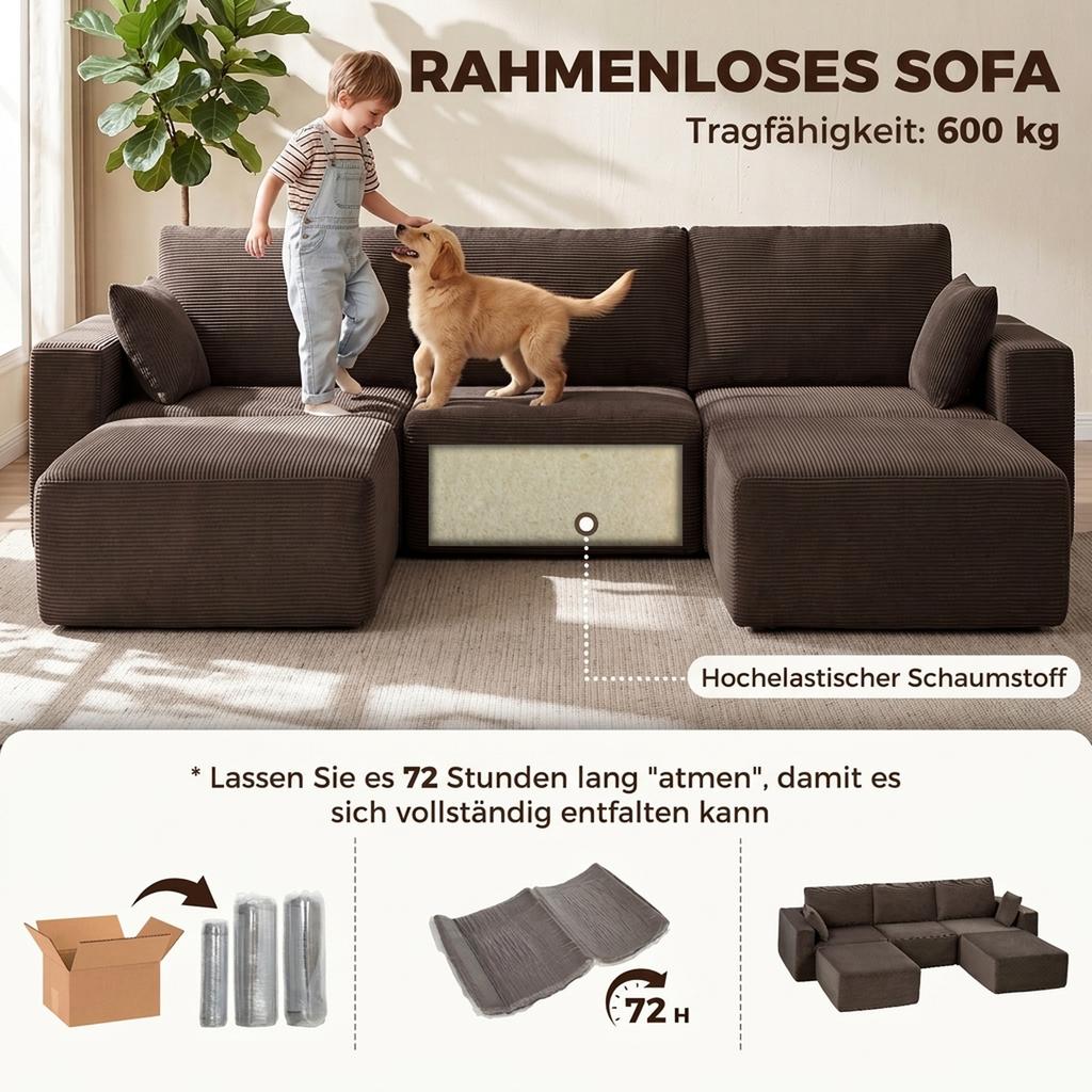 Modular U-Shaped Sofa 287 cm, Frameless, Wide Deep Corduroy Seat, High-Density Foam, No Assembly, Khaki