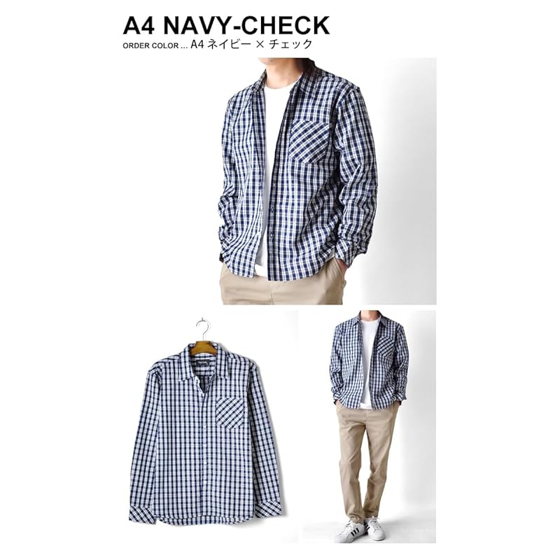 (Arona) ARONA check shirt long sleeve shirt men's With pocket Cotton/Y A25 navy x stripe 3L