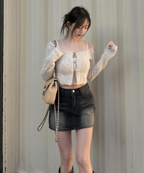 Kaindami Hip Volume Up Black Denim Highlight Wash Semi-High Waist Skorts_Hip-Padding Skirt