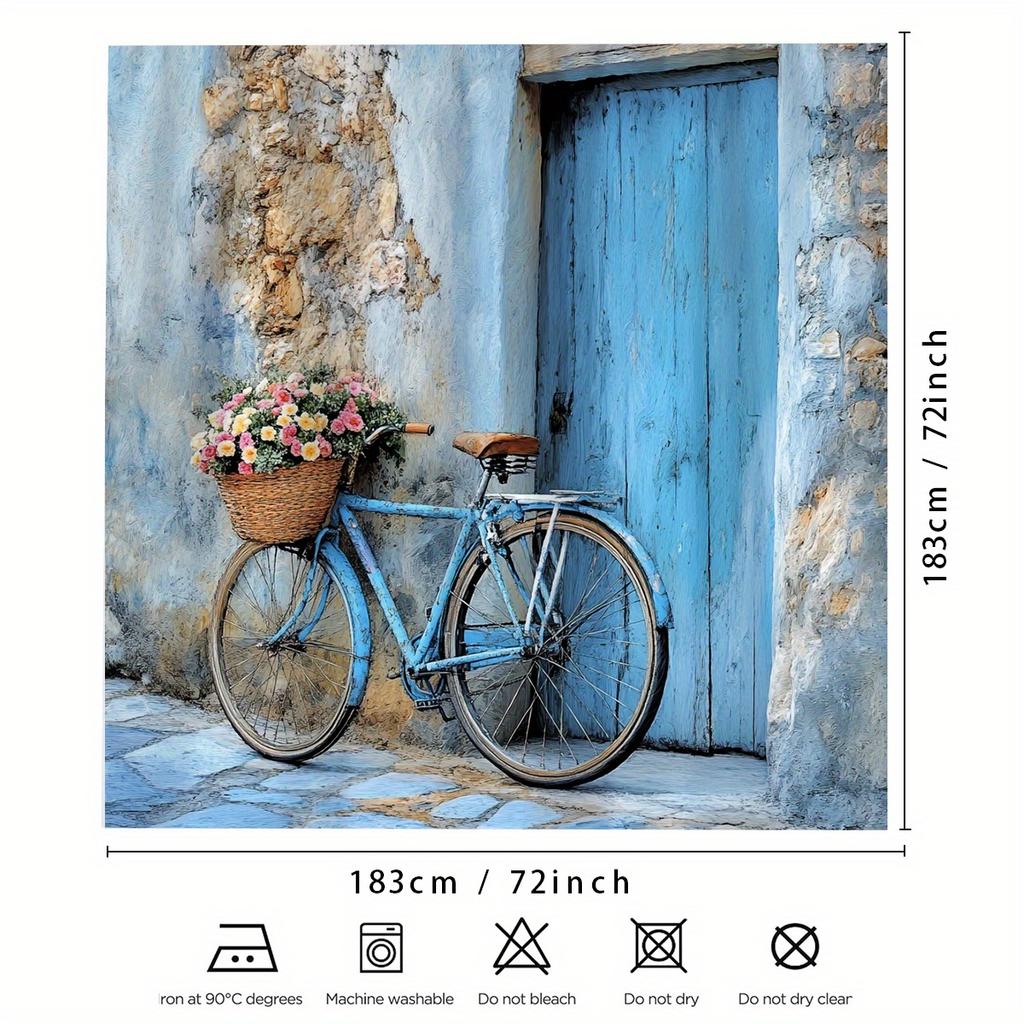 1 Stück Vintage Fahrrad und florale Straßenszene Duschvorhang - Hochwertiger Polyesterstoff, Perfekte Dekoration für alle Jahreszeiten