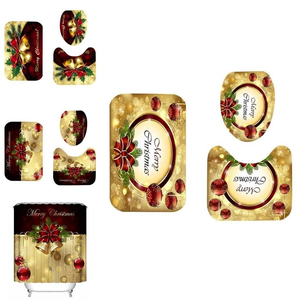 High-quality Waterproof Christmas Bathroom Set With Shower Curtain And Mat Pads