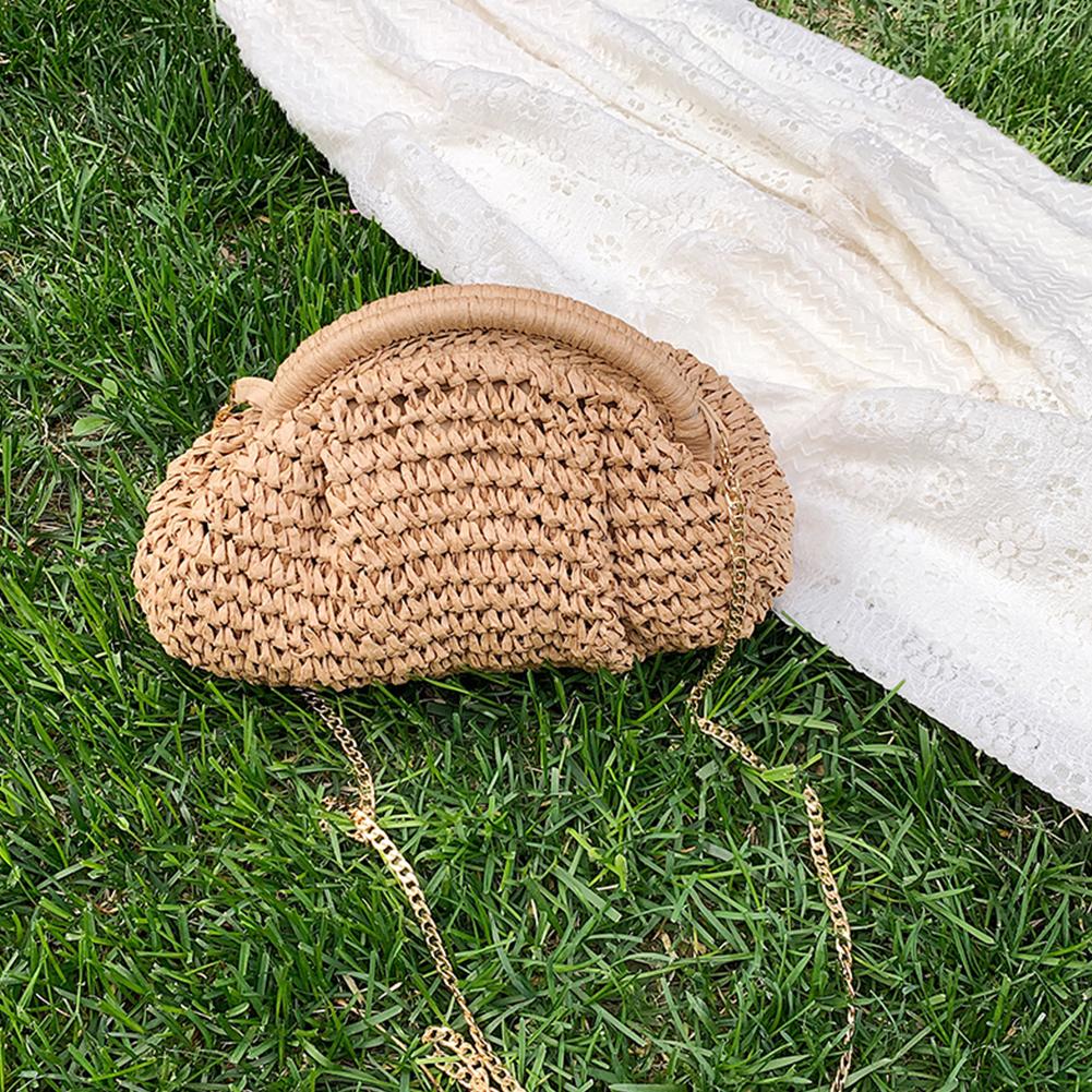 Women Straw Woven Bag Chain Strap Fashion Shoulder Bag Large Capacity Woven Dumpling Bag Solid Color for Outdoor Travel