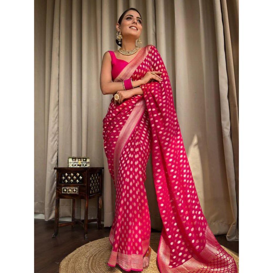 Royal Banarasi Soft Silk Saree – Timeless Zari & Jacquard Elegance темно-розовый