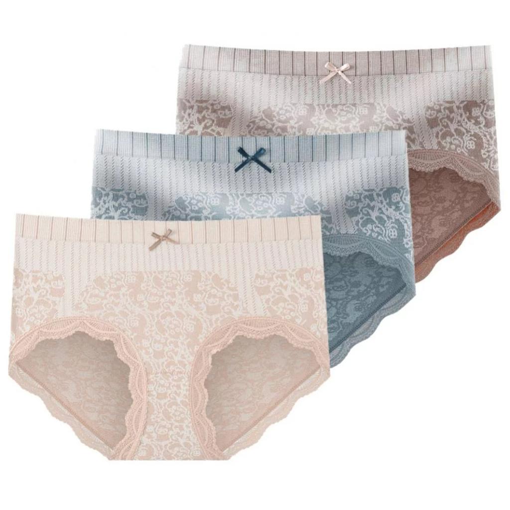 3-Pack Women's High Waist Cotton Lace Briefs Soft Seamless Underwear with Tummy Control