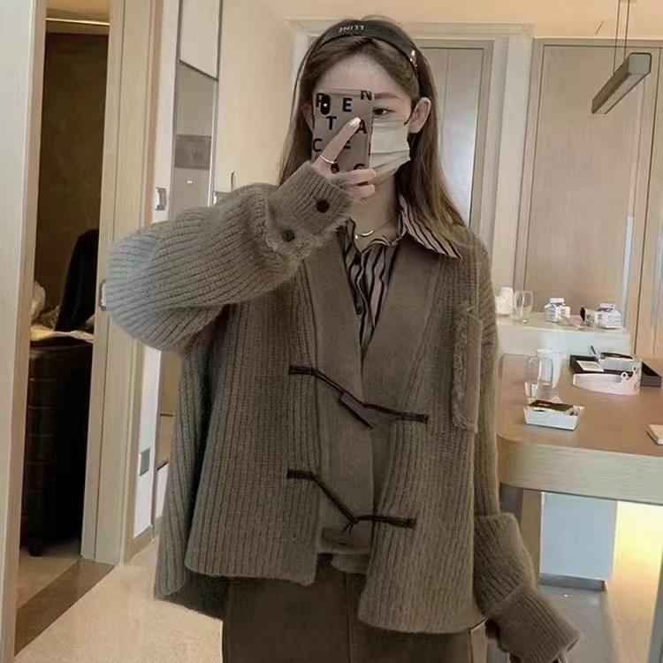 

Свободный вязаный кардиган в японском ленивом стиле, винтажное серое пальто-свитер для женщин 2XL темно-коричневого