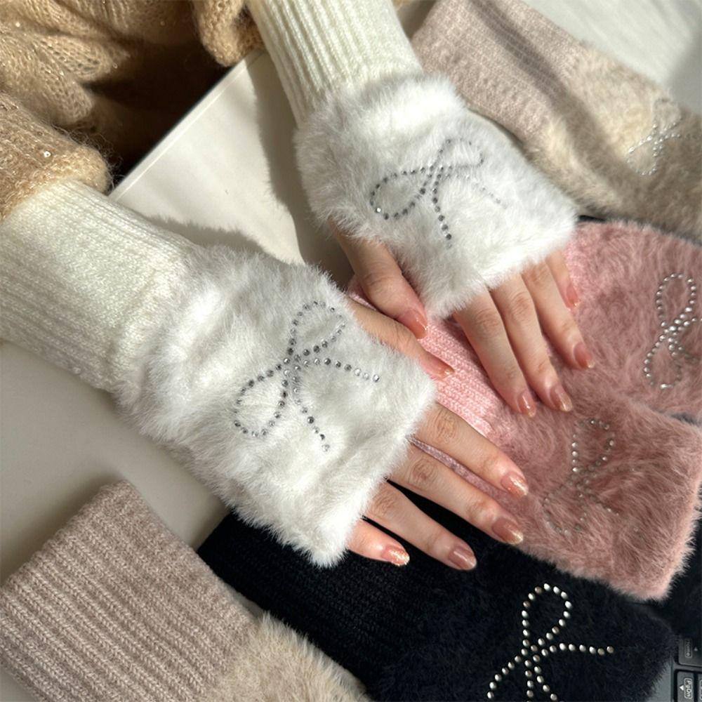 Hotfix Rhinestone Knitted Gloves Plush Half Finger Mittens Soft Bow Gloves  Cycling