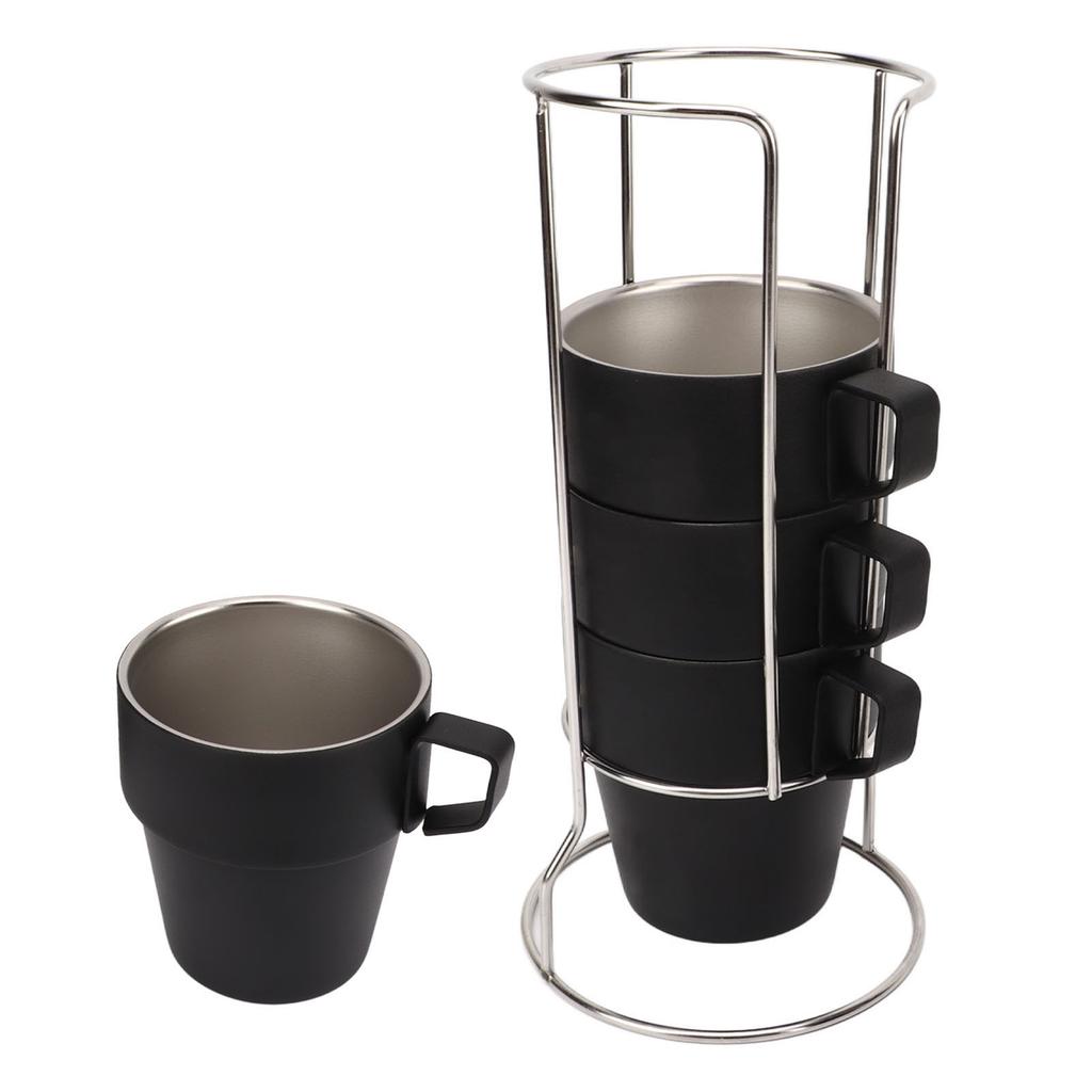 4PCS Camping Double Layer Cups Stainless Steel Food Grade Plastic Spraying Stackable Coffee Cup for Picnic Black