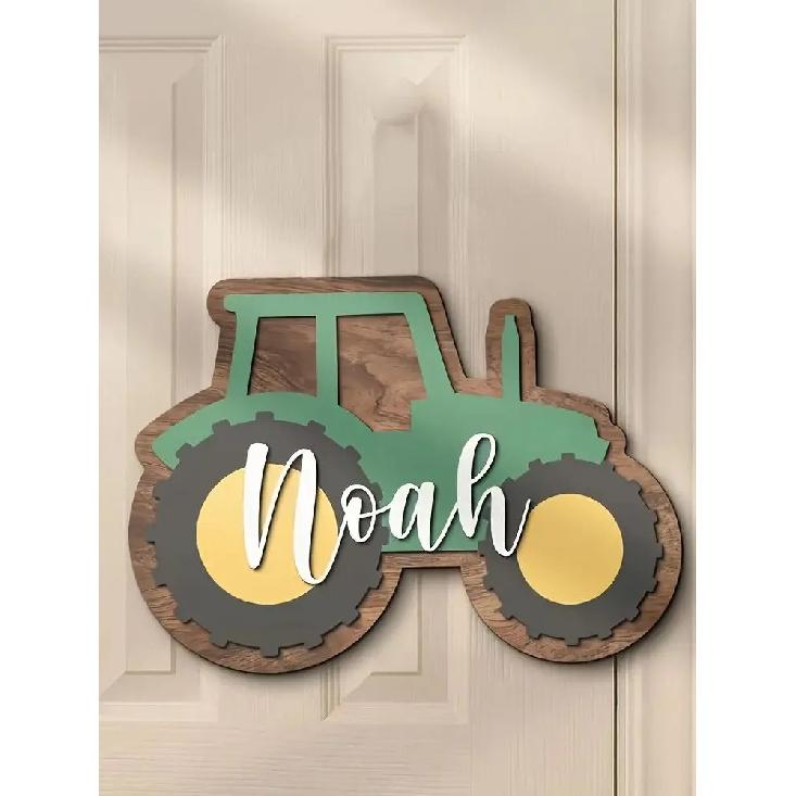 Customized wooden tractor logo, personalized name "Noah" - green and brown farm decoration, suitable for children's rooms or pla