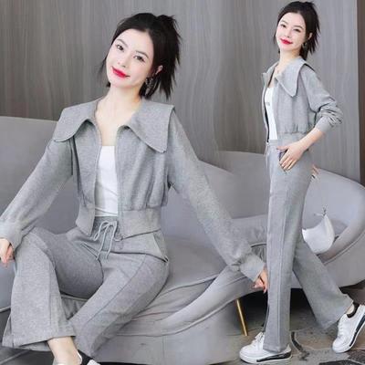 2 Pcs/Set Women Coat Pants Suit Turn-down Collar Zip-up Long Sleeve Thick
