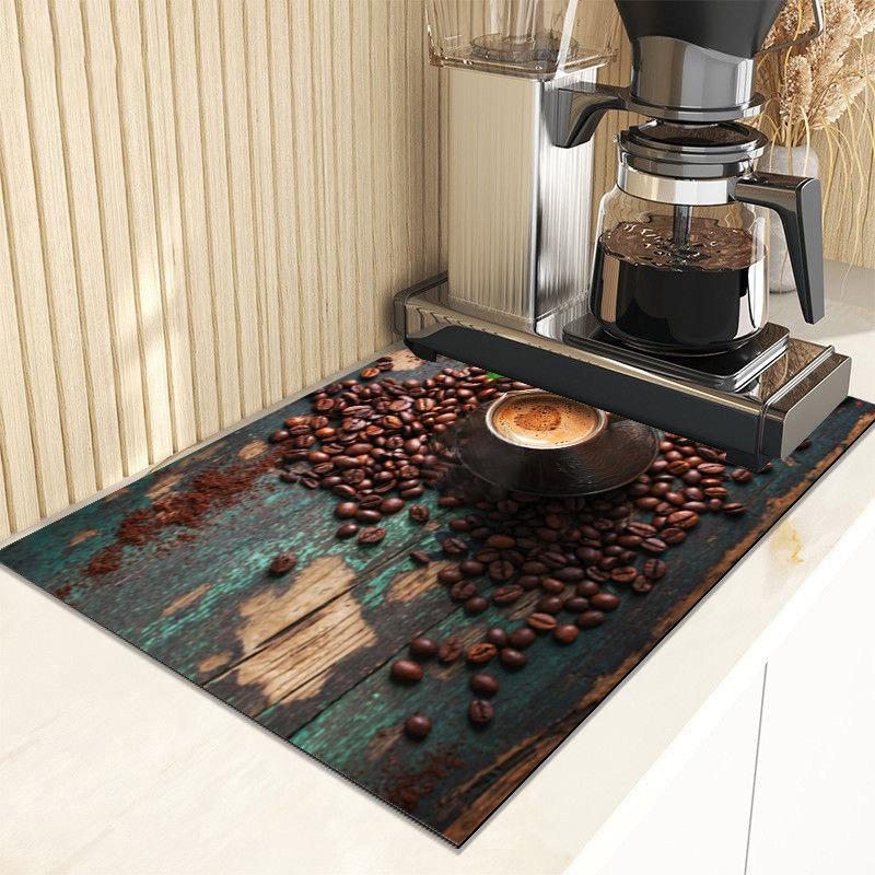 Kitchen Tableware Drying Mat Printed Coffee Machine Drain Pad Countertop Absorbent Draining Mat Placemat Dinnerware Table Decor