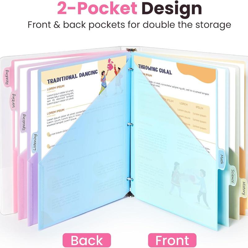 8 Tabs A4 Size 3 Ring Binder Dividers Waterproof Plastic File Index Pages Double-Pocket Index Dividers