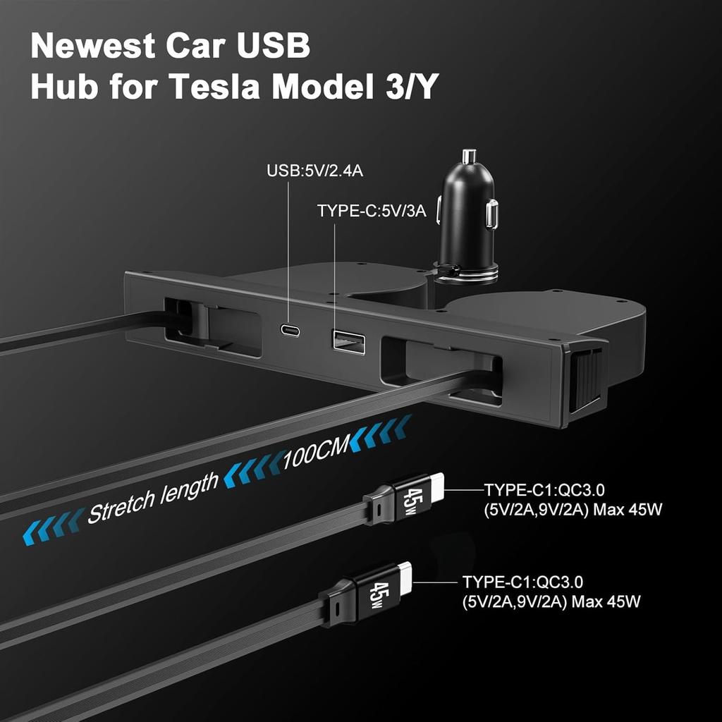 For Tesla Model 3 Y Highland Juniper 2026 45W Quick Charger Expansion Dock Hidden USB Shunt Hub Intelligent Docking Station