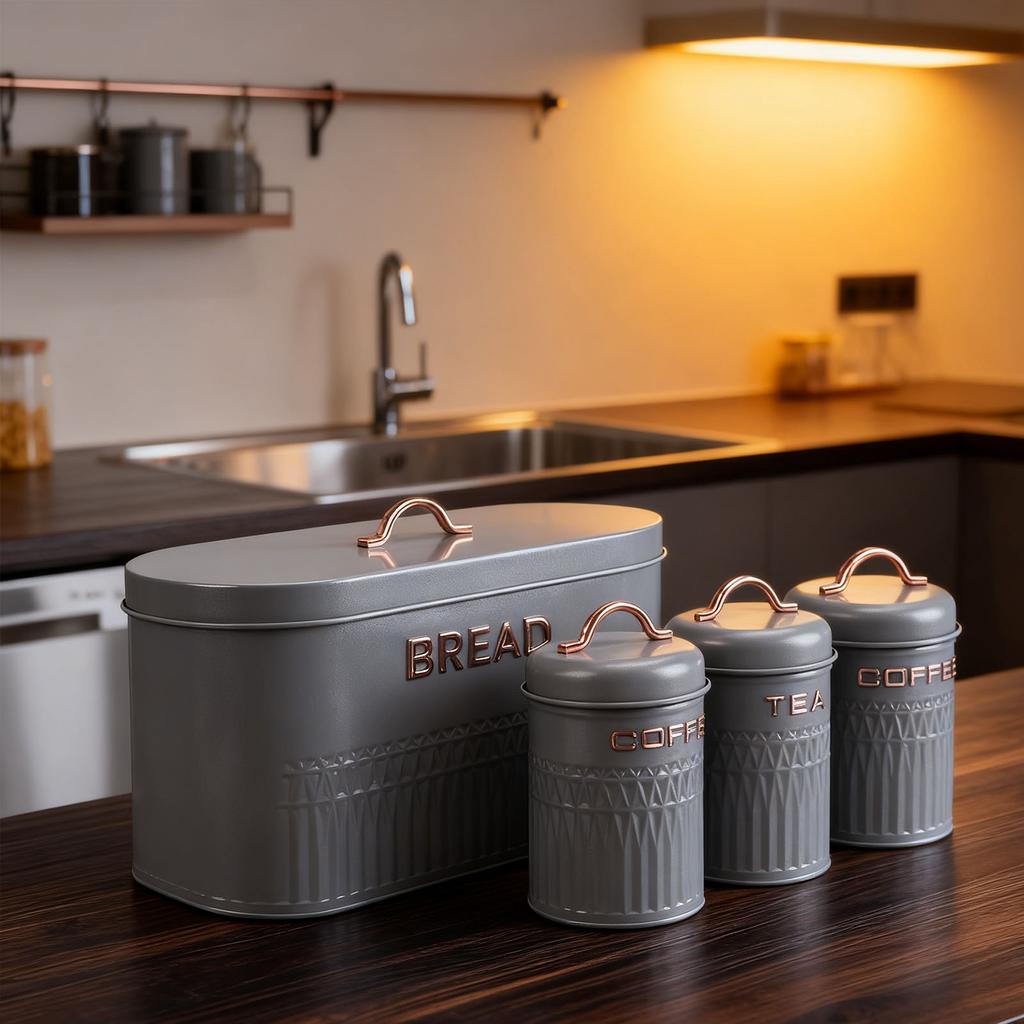 Set da 4 pezzi: Porta pane e barattoli in ferro per cucina, Caffè, Tè, Zucchero, Porta pane in metallo per piano di lavoro