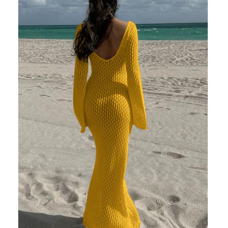 Stile Europeo e Americano Donna Estate Nuovo Texture Bucherellata Scollo a V Fibbia Rotonda Manica Lunga Vacanza Abito Lungo Spiaggia Protezione Solare Scollo a Laccio Gonna Lunga