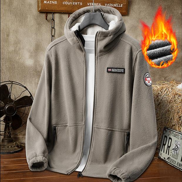 מעיל פליז חורפי עם קפוצ'ון ורוכסן צמר כבש, מעיל פליז קטיפתי חורפי שרוולים ארוכים בגזרה צרה