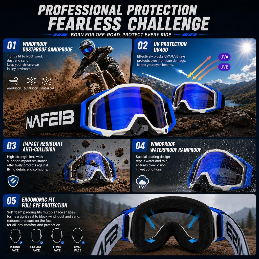 ATV Motorcycle Goggles Suitable for Adults, Anti UV Protective Glasses for Cruiser Scooter Off-road Ski Mountain Cycling Outdoor