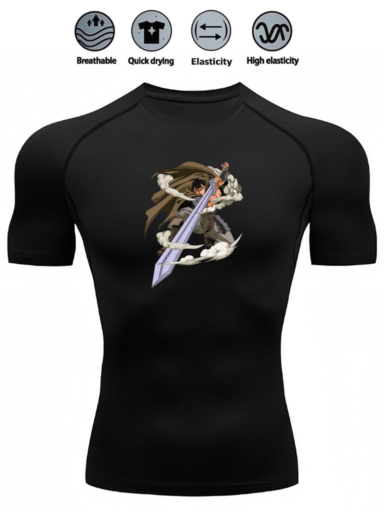 Mens White Compression Short Sleeve T-Shirt Anime Warrior With Sword Graphic Breathable Quick Dry High Elasticity Gym And Running Athletic Top