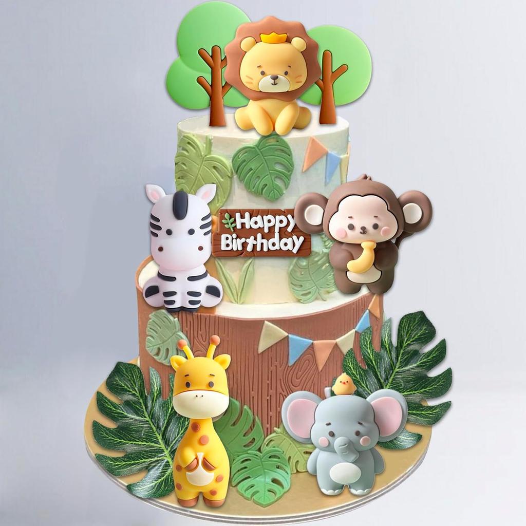 Safari Animal Cake Topper - Jungle Wild Cake Toppers with Monkey Lion Elephant Giraffe and Leaves Balls Cake Decorations
