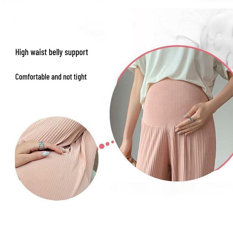 Fashionable Plus Size Maternity High-Waisted Ice Silk Summer Pants with Tummy Support