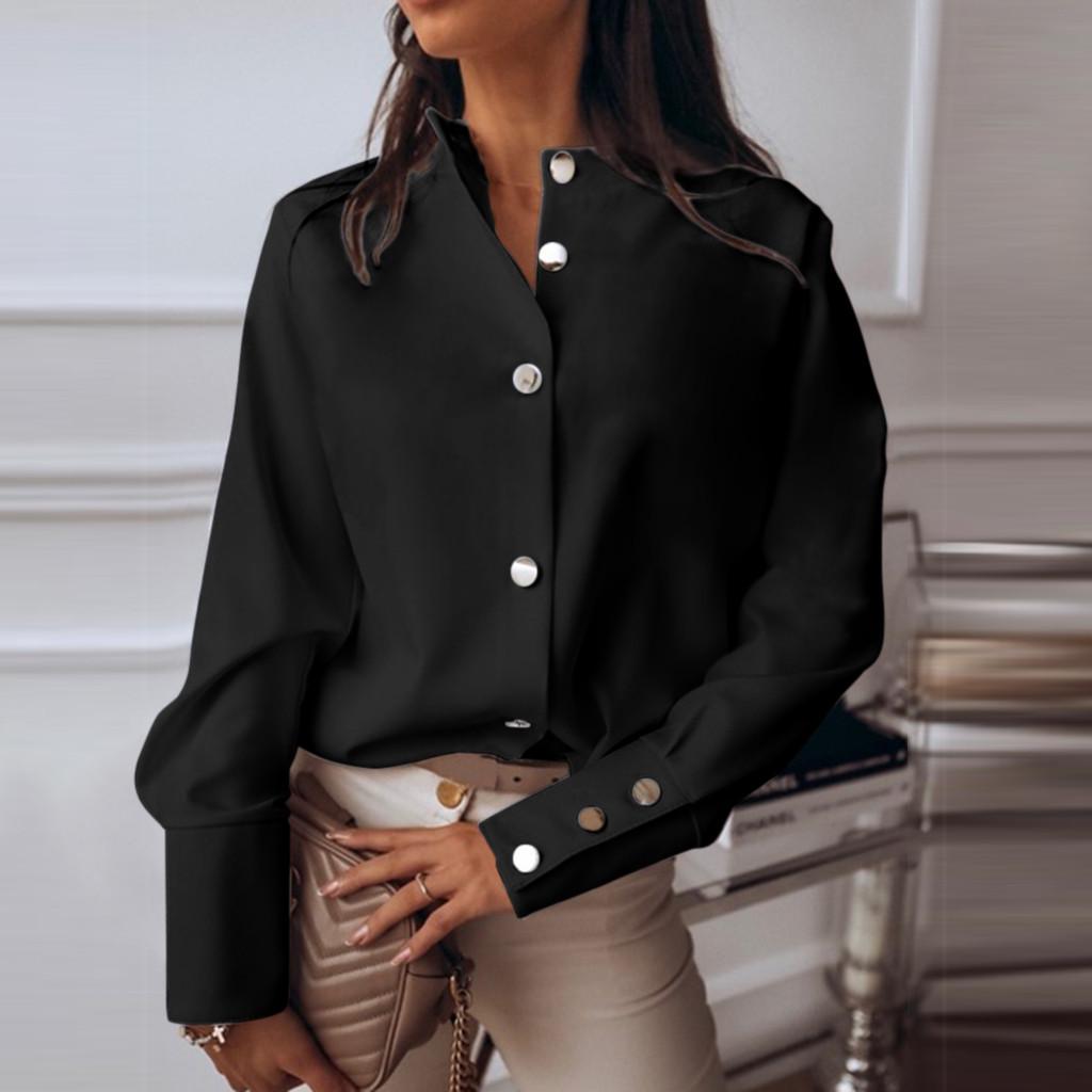 Women Stand Collar Long Sleeve Metal Button Solid Casual Blouse Shirt Top