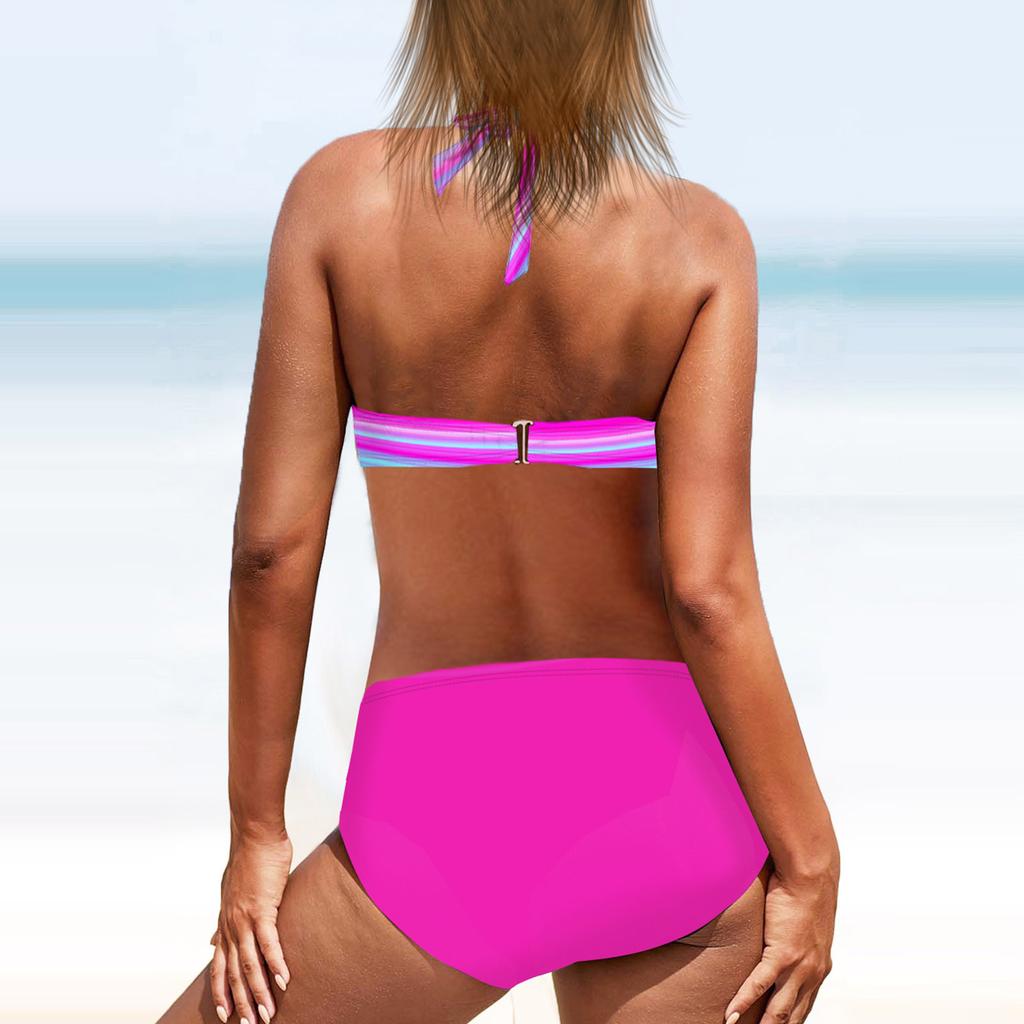 Women's Fashion Split High Waist Printed Bikini With Bra Pads And No Bra Swimsuit