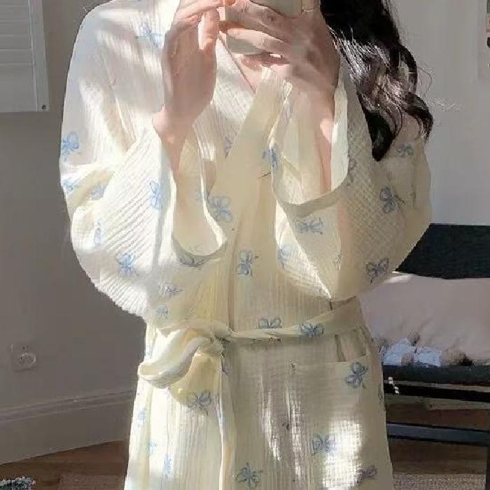 High-Quality Imitation Cotton Bow Pajama Nightgown - Cute, Loose, Long Sleeve Bathrobe for Women