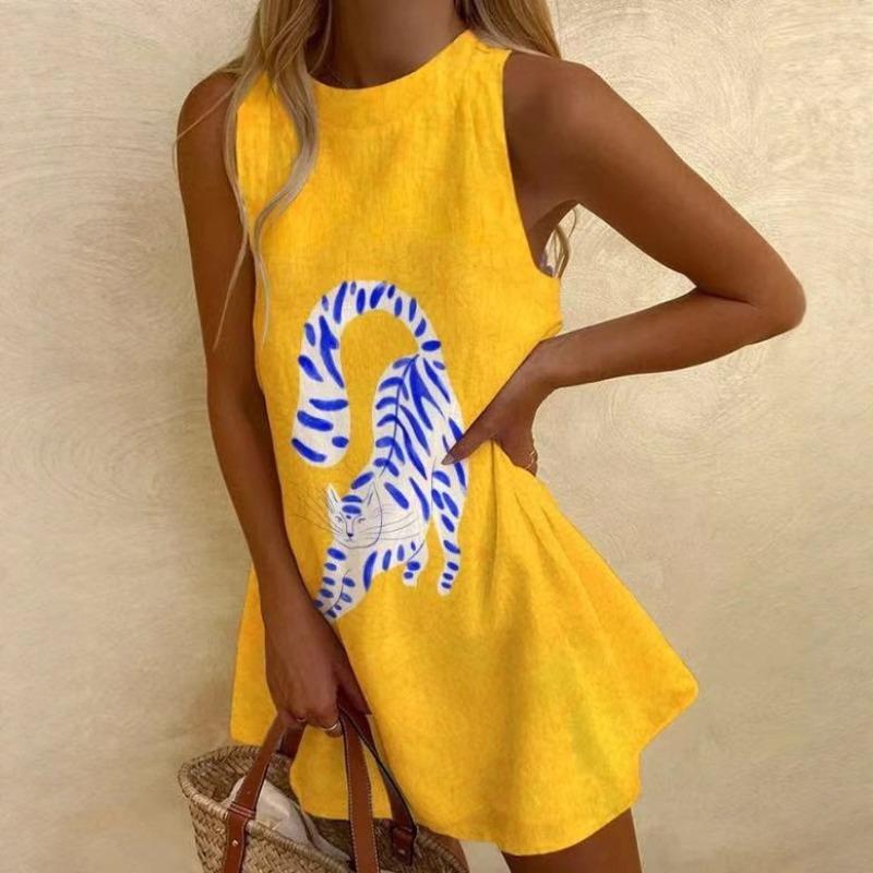 Round Neck Sleeveless Ocean Element Casual Women's Dresses