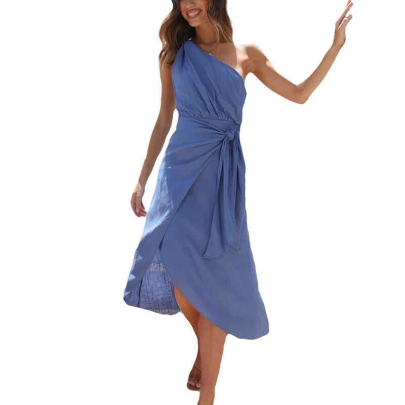 Sweet Sleeveless Pink Sexy Dress Summer Diagonal Collar Irregular Off-shoulder Dress Casual Belt Zipper Mid-length Dress 25547