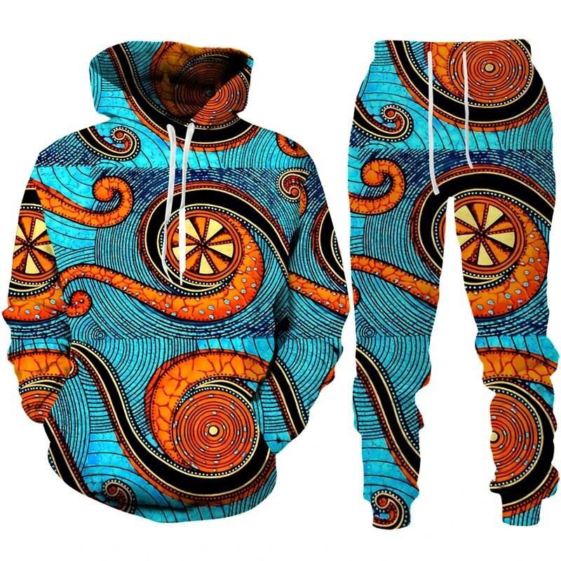 Color Block Patchwork 3D Print Hoodies Pants Sets Men's Sweatshirts Sweatpants Two Piece Suits Outdoor Tracksuit Man Clothing