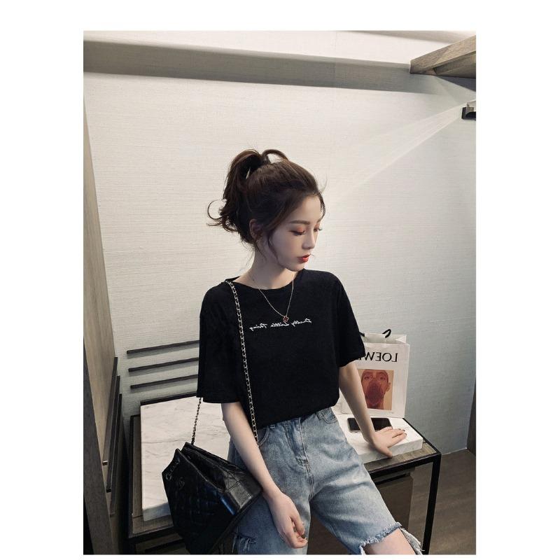 

Ins супер горячая футболка с короткими рукавами для женщин летом свободный корейский стиль Harajuku стиль Bf Scheming спинка короткий рукав топ 2XL