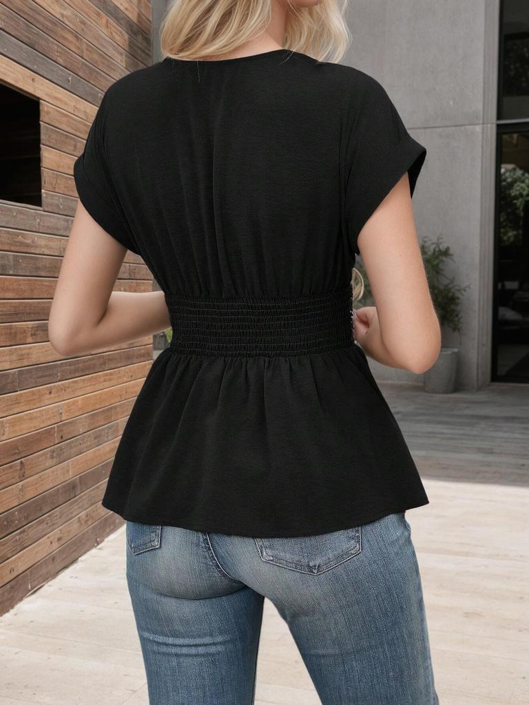 2026 Women's Slimming V-Neck Pleated Short Sleeve T-Shirt - Summer Solid Color
