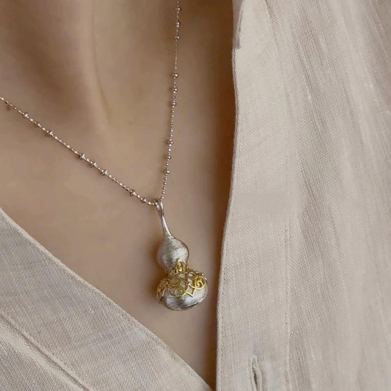 Chinese Retro Silver Gourd Necklace with Gold Hollow Carved Details - Clavicle Sweater Chain