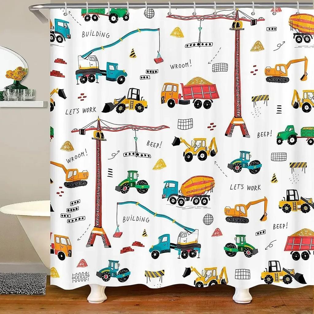 Kid Excavator Shower Curtain Tractor Mechanic Truck Construction Vehicle Boys' Bulldozer Crane Hanging Curtains Bathroom Decor