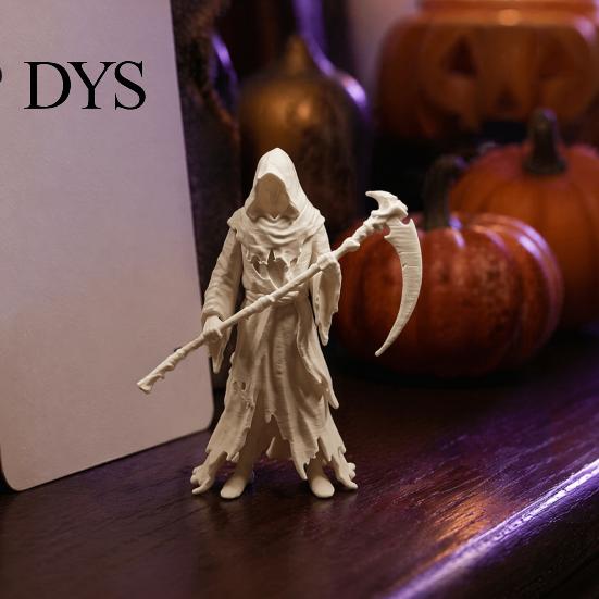 Dark Style Ornament Gothic Grim Reaper Figurine, 3D Printed Hooded Statue with Figurine Sickle, Spooky Robe Decoration for Halloween Indoor