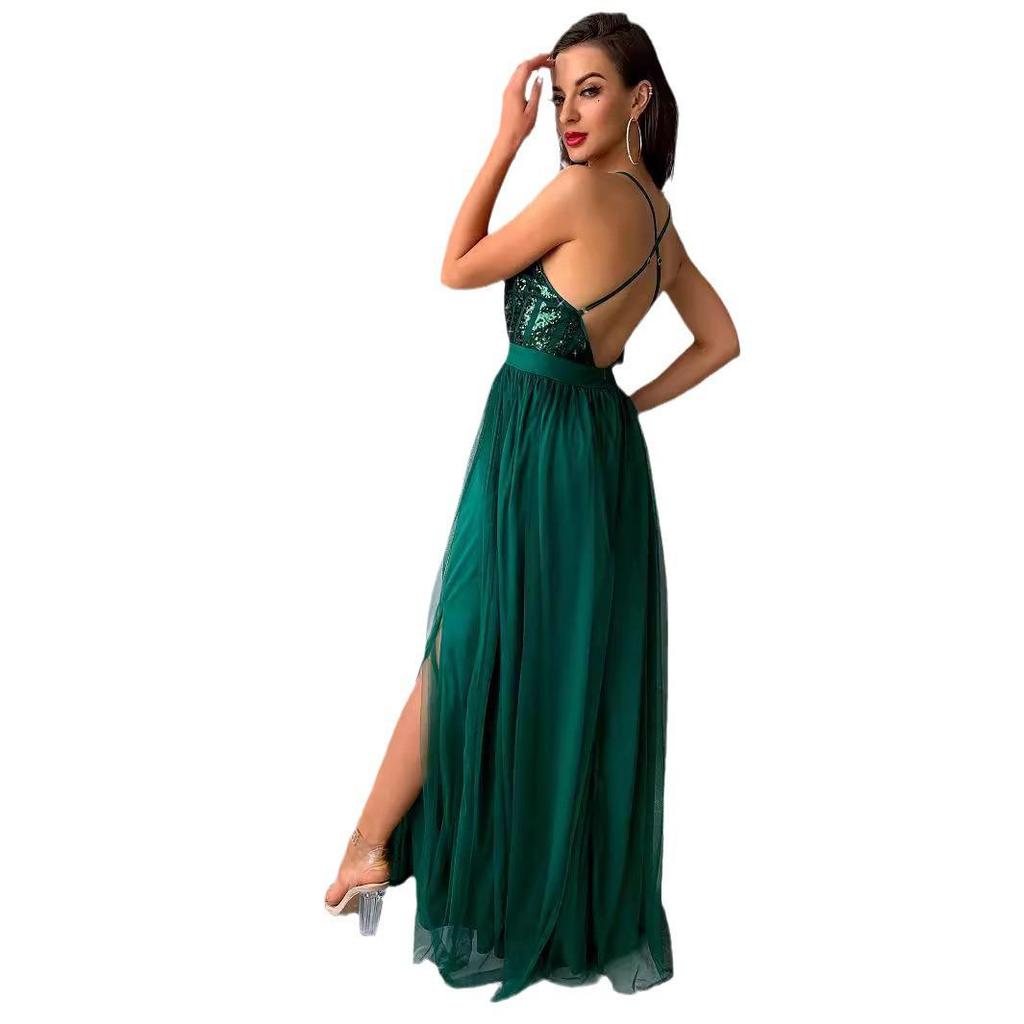 2022 Summer European & American Women's Sequin Mesh Spaghetti Strap Slit Dress