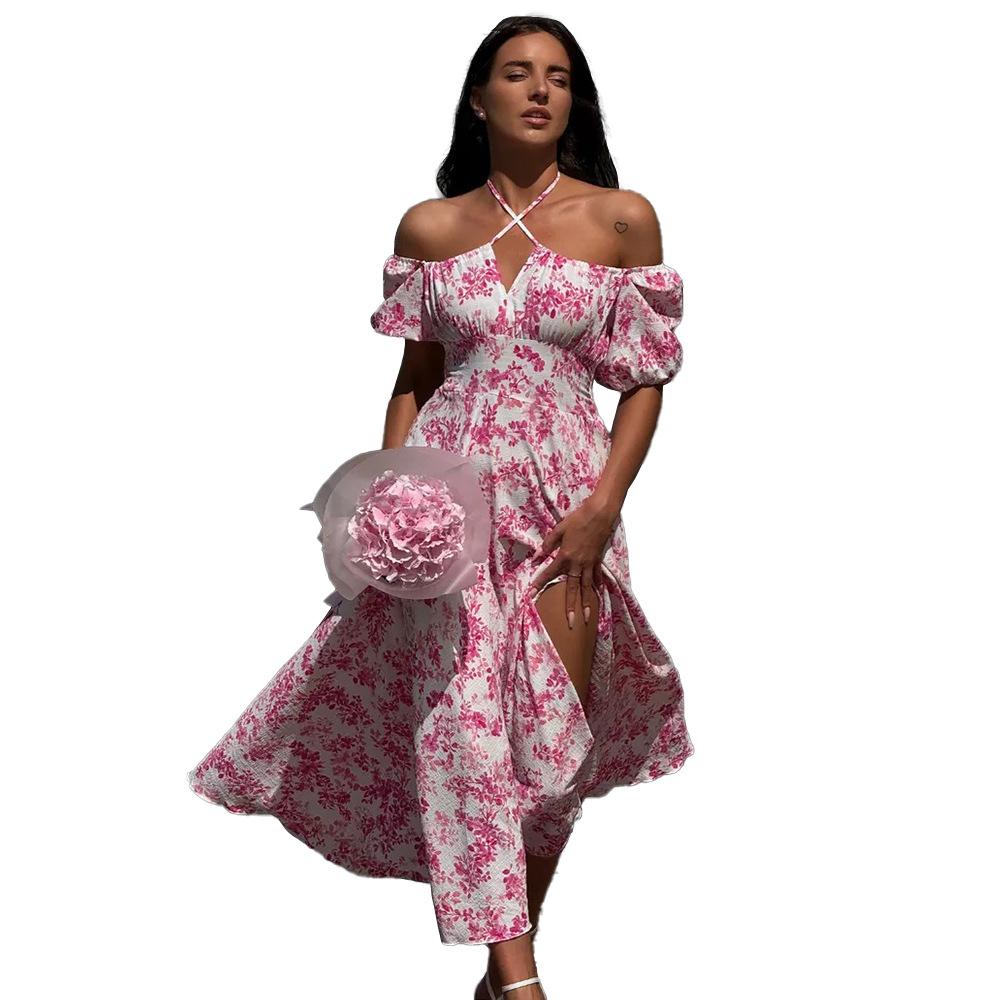 Off-the-shoulder floral dress, European and American summer new short-sleeved lace-up dress, printed split-ended dress