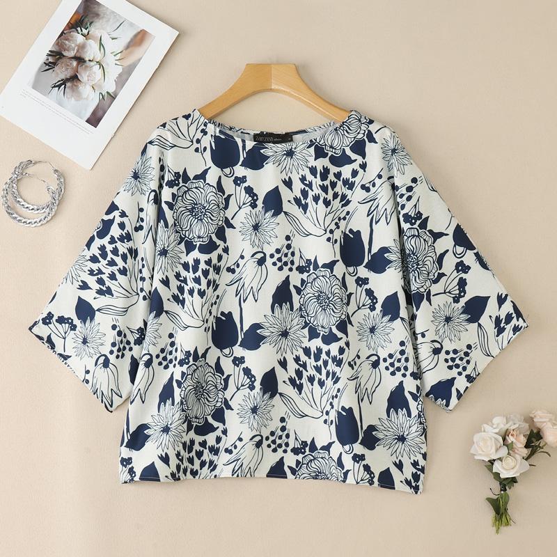 

ZANZEA Женская повседневная блузка с круглым вырезом, свободным рукавом 3/4 и принтом L