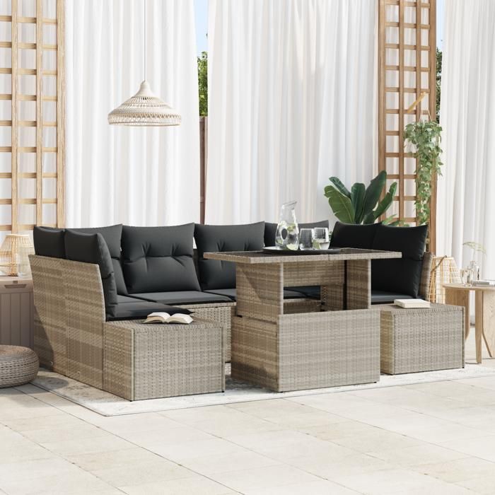 VidaXL Ensemble de salon de jardin 7 pièces avec coussins Gris clair en poly rotin 3357855