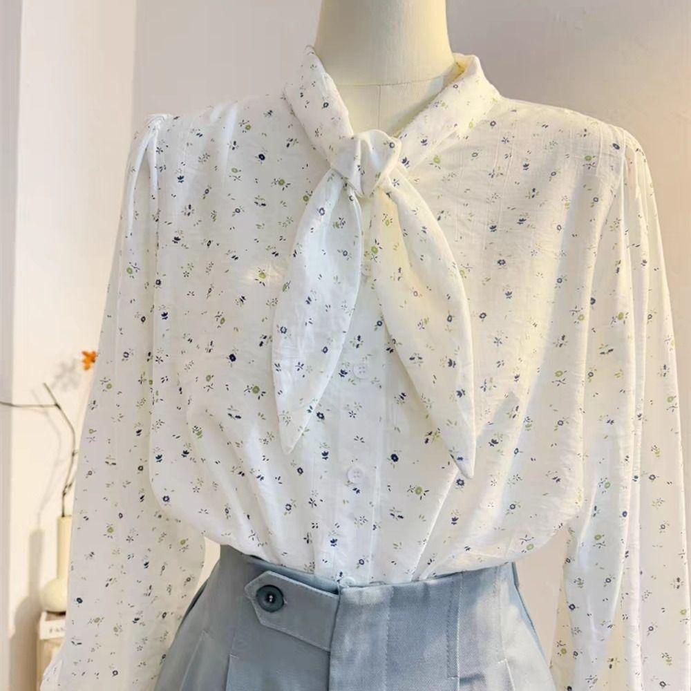 Bow Tie Long Sleeve Shirts Sweet Floral Baggy Shirts Comfortable Blouses for Women Office