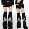 Women Punk Angel Wing Print Flared Long Leg Sleeves Socks Overknee Black Denims Leg Warmers Harajuku Grunge Boot Covers
