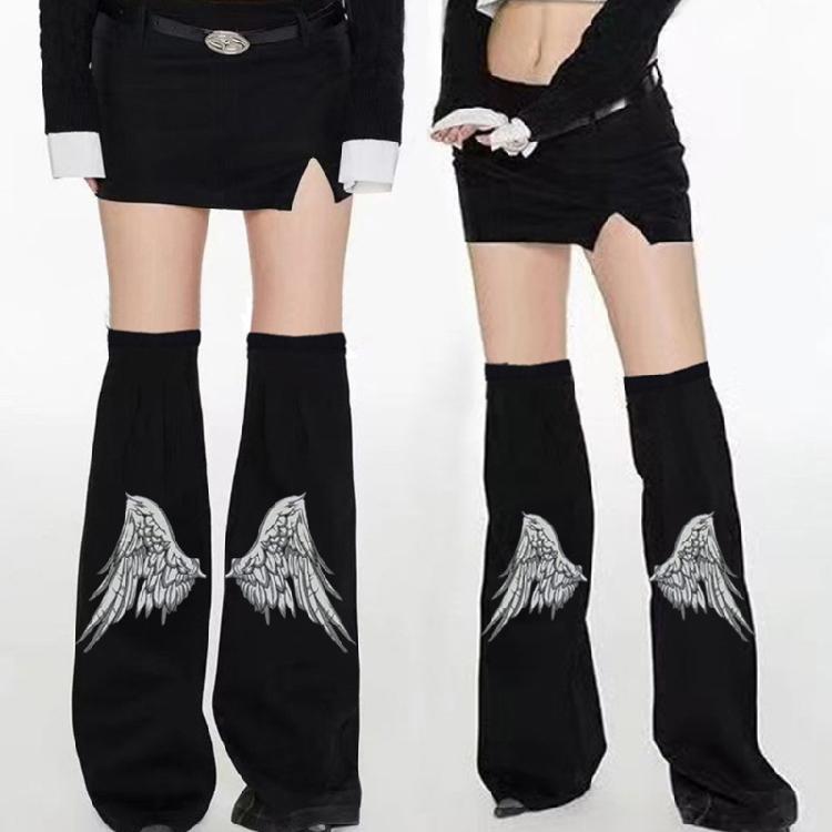 Women Punk Angel Wing Print Flared Long Leg Sleeves Socks Overknee Black Denims Leg Warmers Harajuku Grunge Boot Covers