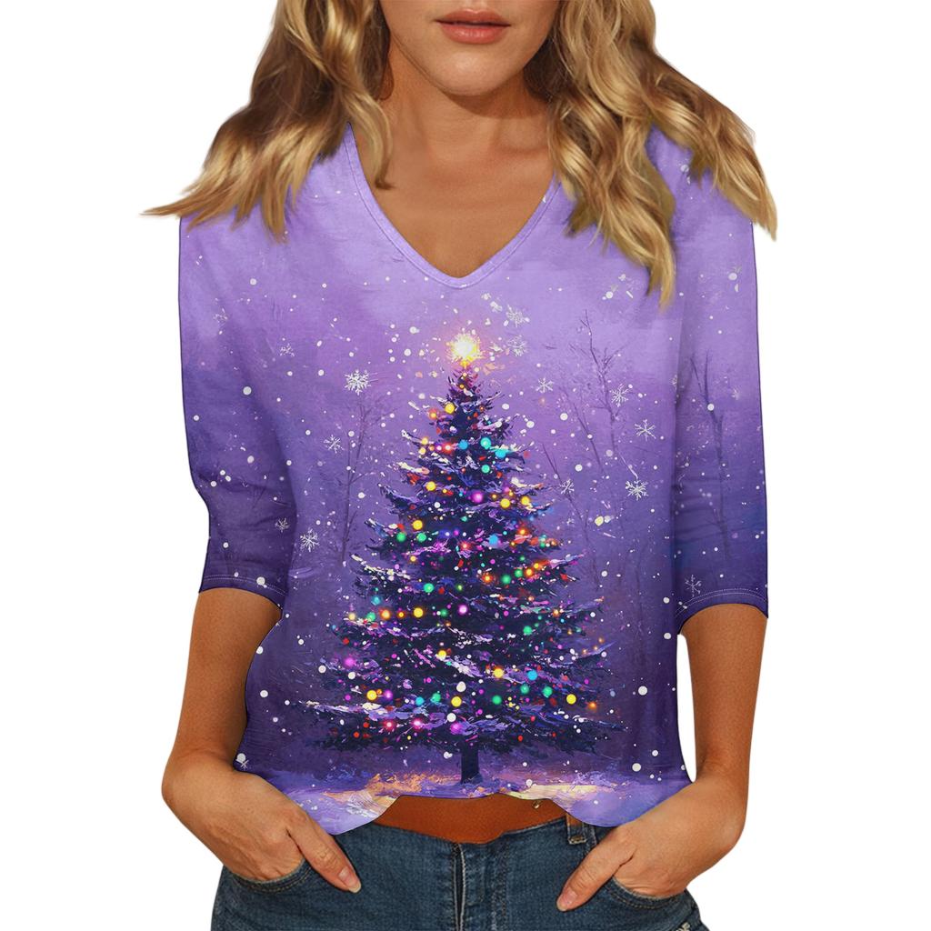 Women's Casual Fashionable Sexy Comfortable V-Neck Christmas Three-Quarter Sleeve Top