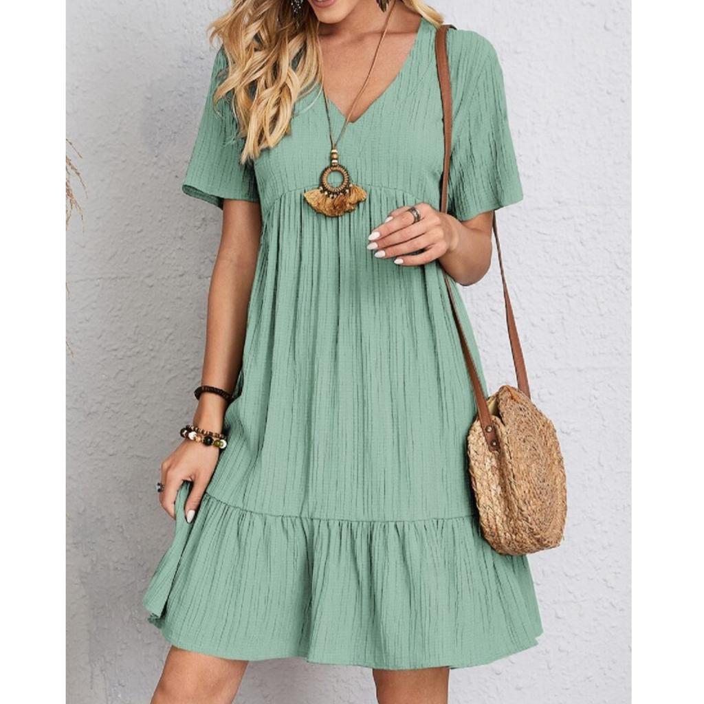 Bohemian Womens Clothing Printed lace patchwork Bohemian casual vacation style dress Short sleeved waistband flowing dress